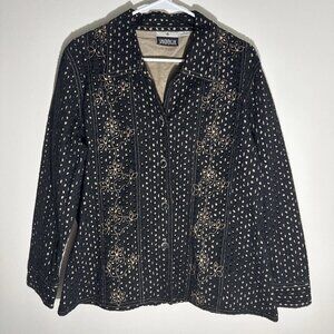 Yak Magik Vintage Eyelet Black Tan Lining Floral Sequins Embroidered 1X Jacket
